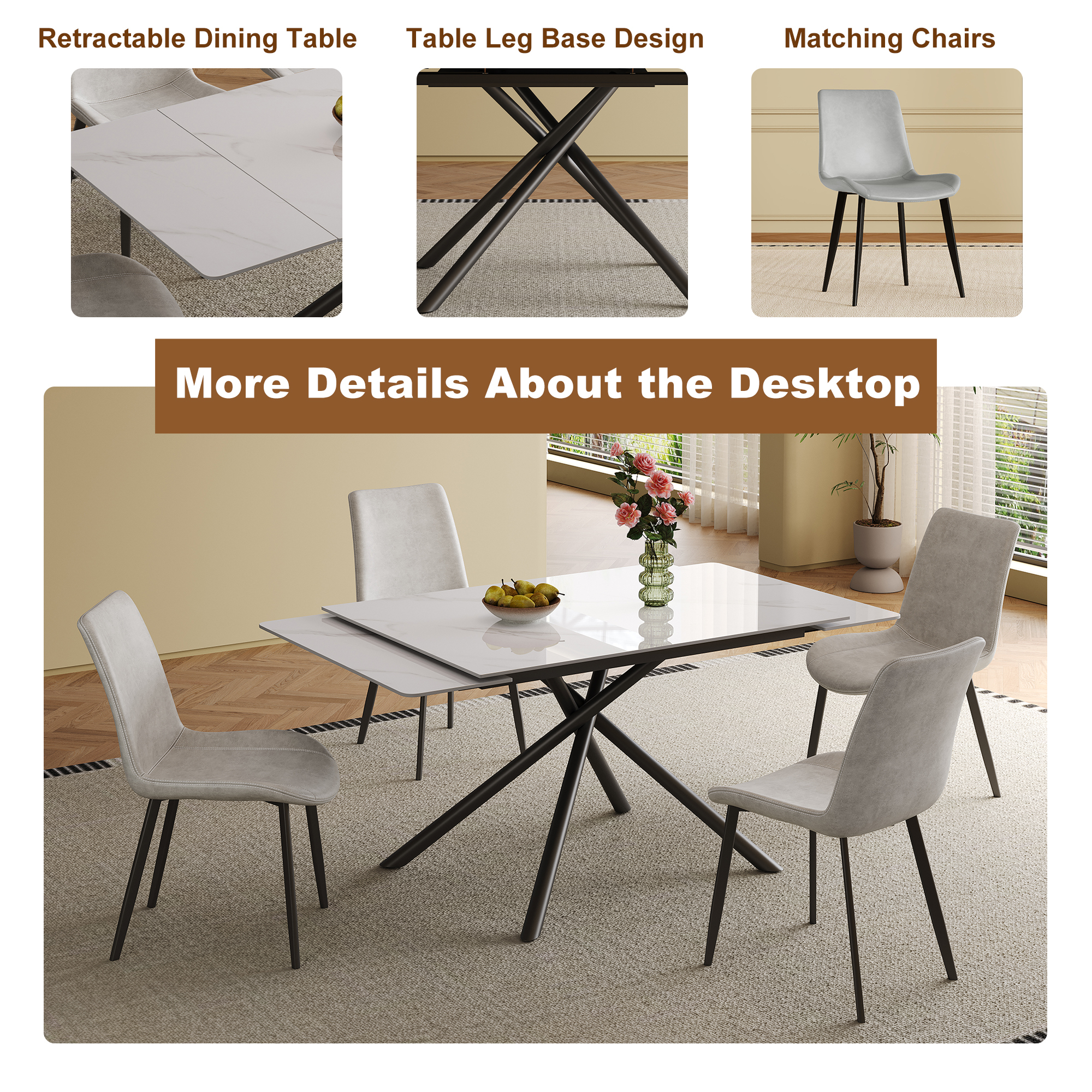 71 inch Retractable Sintered Stone Dining Table Set, black carbon steel cross-legs, White (Table + 4 Chairs)