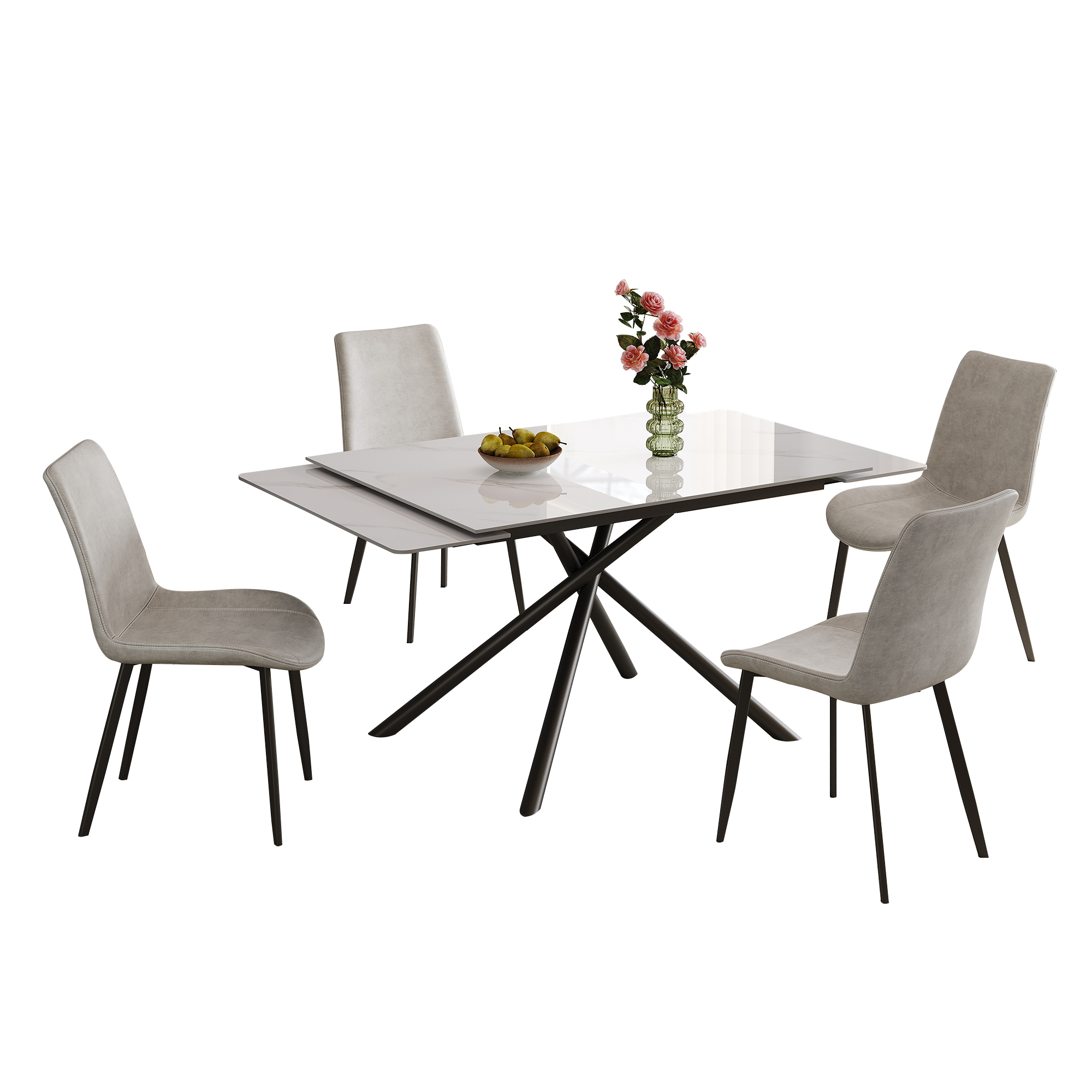 71 inch Retractable Sintered Stone Dining Table Set, black carbon steel cross-legs, White (Table + 4 Chairs)