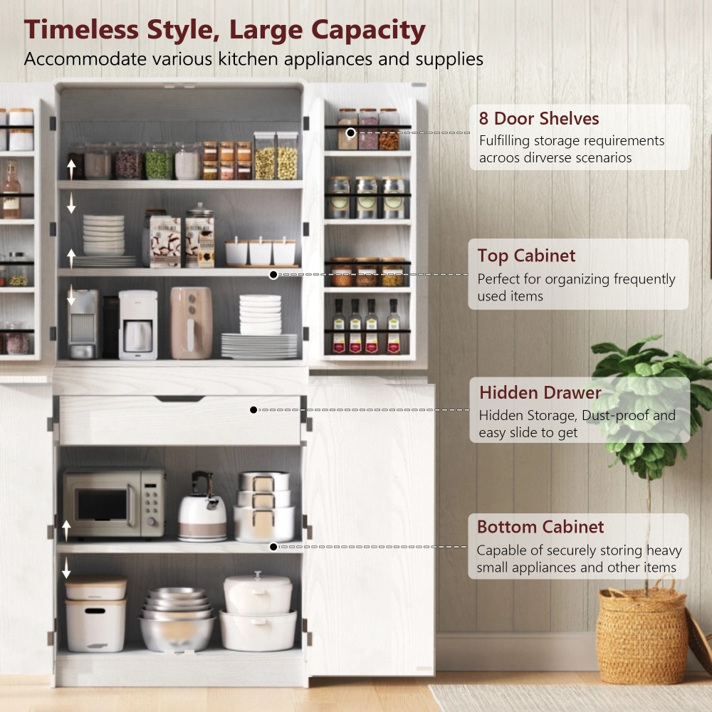 K&K 72" Tall Farmhouse Kitchen Pantry Cabinet with 8 Door Shelves, Curved Design Storage Cabinet with 3 Adjustable Shelves, Hidden Drawer, Versatile Cupboard for Kitchen, Dining & Bathroom, White
