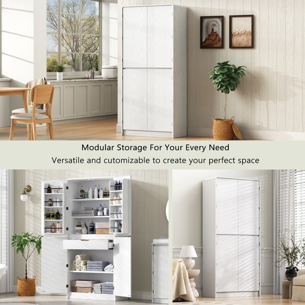 K&K 72" Tall Farmhouse Kitchen Pantry Cabinet with 8 Door Shelves, Curved Design Storage Cabinet with 3 Adjustable Shelves, Hidden Drawer, Versatile Cupboard for Kitchen, Dining & Bathroom, White