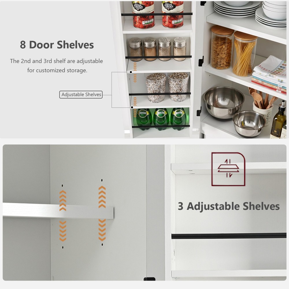 K&K 72" Tall Farmhouse Kitchen Pantry Cabinet with 8 Door Shelves, Curved Design Storage Cabinet with 3 Adjustable Shelves, Hidden Drawer, Versatile Cupboard for Kitchen, Dining & Bathroom, White