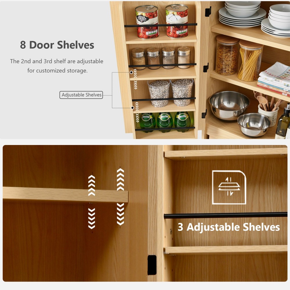 K&K 72" Tall Farmhouse Kitchen Pantry Cabinet with 8 Door Shelves, Curved Design Storage Cabinet with 3 Adjustable Shelves, Hidden Drawer, Versatile Cupboard for Kitchen, Dining & Bathroom, Natural