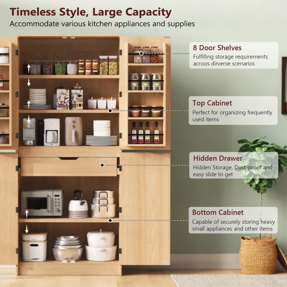K&K 72" Tall Farmhouse Kitchen Pantry Cabinet with 8 Door Shelves, Curved Design Storage Cabinet with 3 Adjustable Shelves, Hidden Drawer, Versatile Cupboard for Kitchen, Dining & Bathroom, Natural
