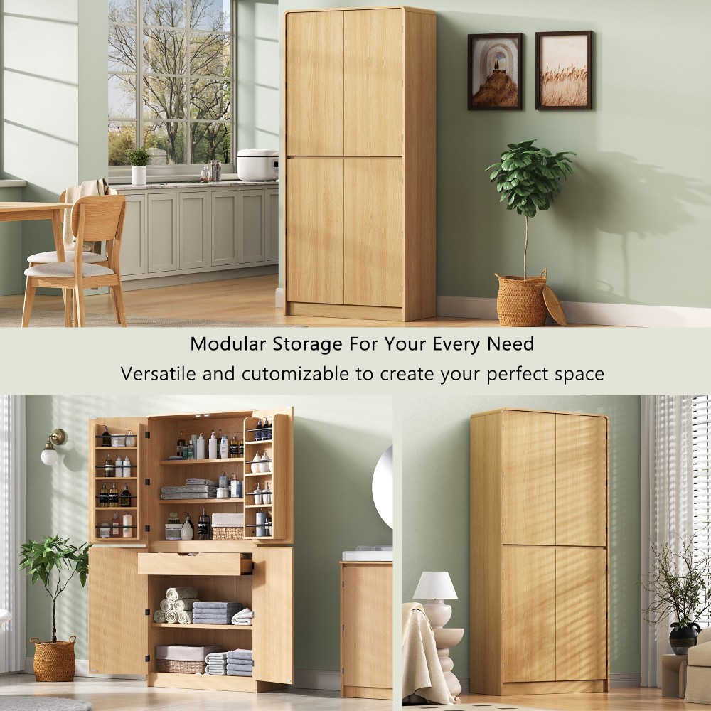 K&K 72" Tall Farmhouse Kitchen Pantry Cabinet with 8 Door Shelves, Curved Design Storage Cabinet with 3 Adjustable Shelves, Hidden Drawer, Versatile Cupboard for Kitchen, Dining & Bathroom, Natural