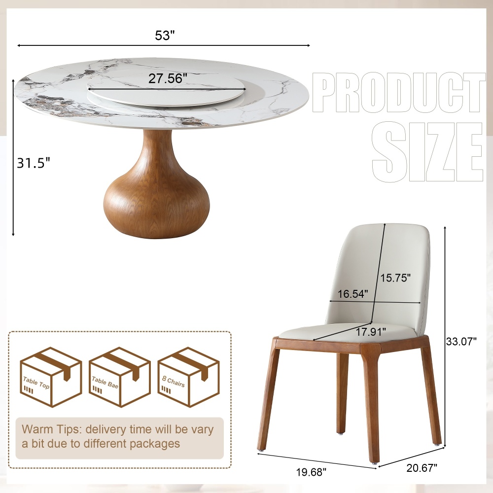 53" Round Sintered Stone Dining Table with Modern Marble Look, Dining Room, Compact Space With Lazy Susan (8 chairs)