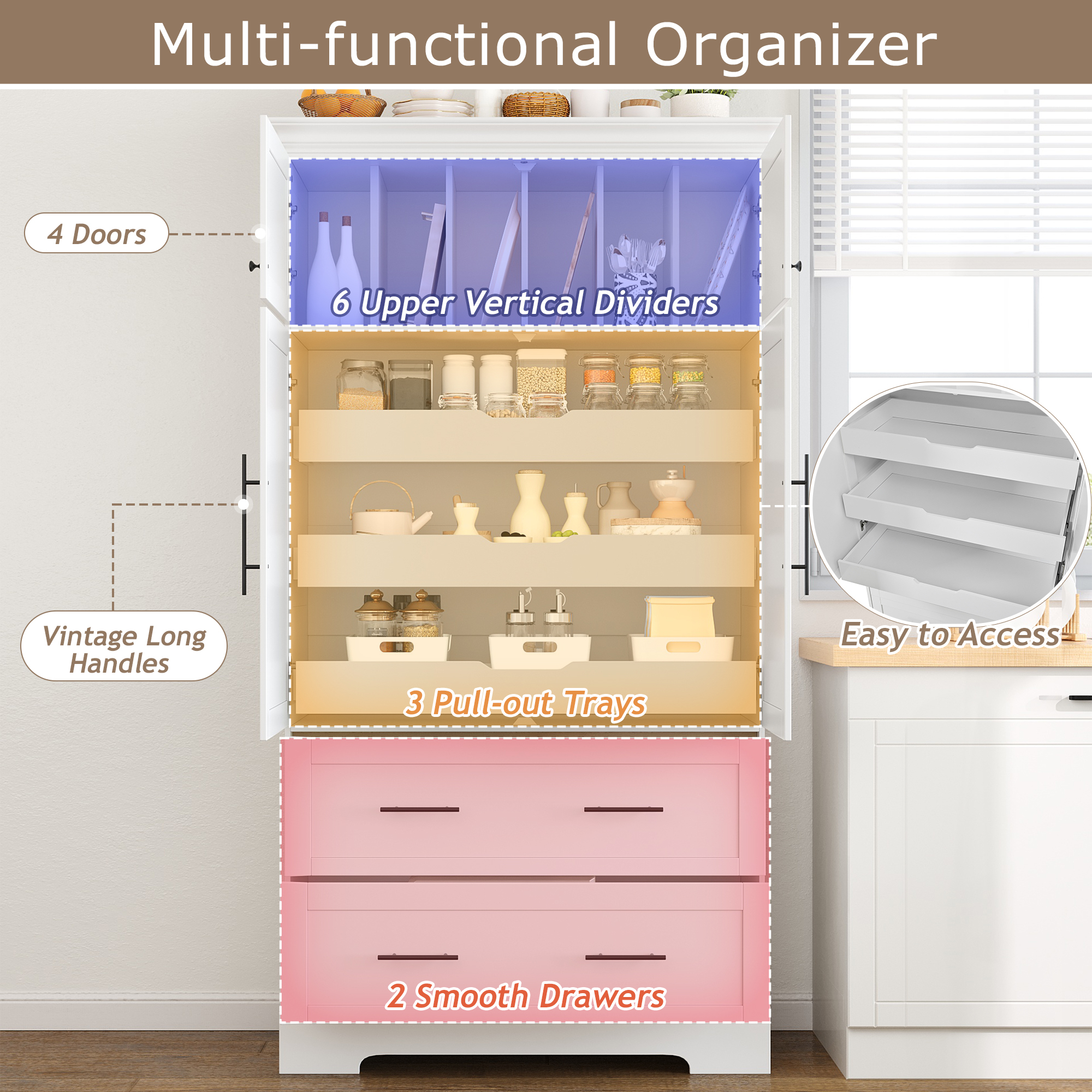Farmhouse Freestanding 40''x18''x72.6'' Kitchen Pantry, 4 Doors Dining Storage Cabinet with Pull-out Trays, Drawers and Cake Pan Storage Organizer, White
