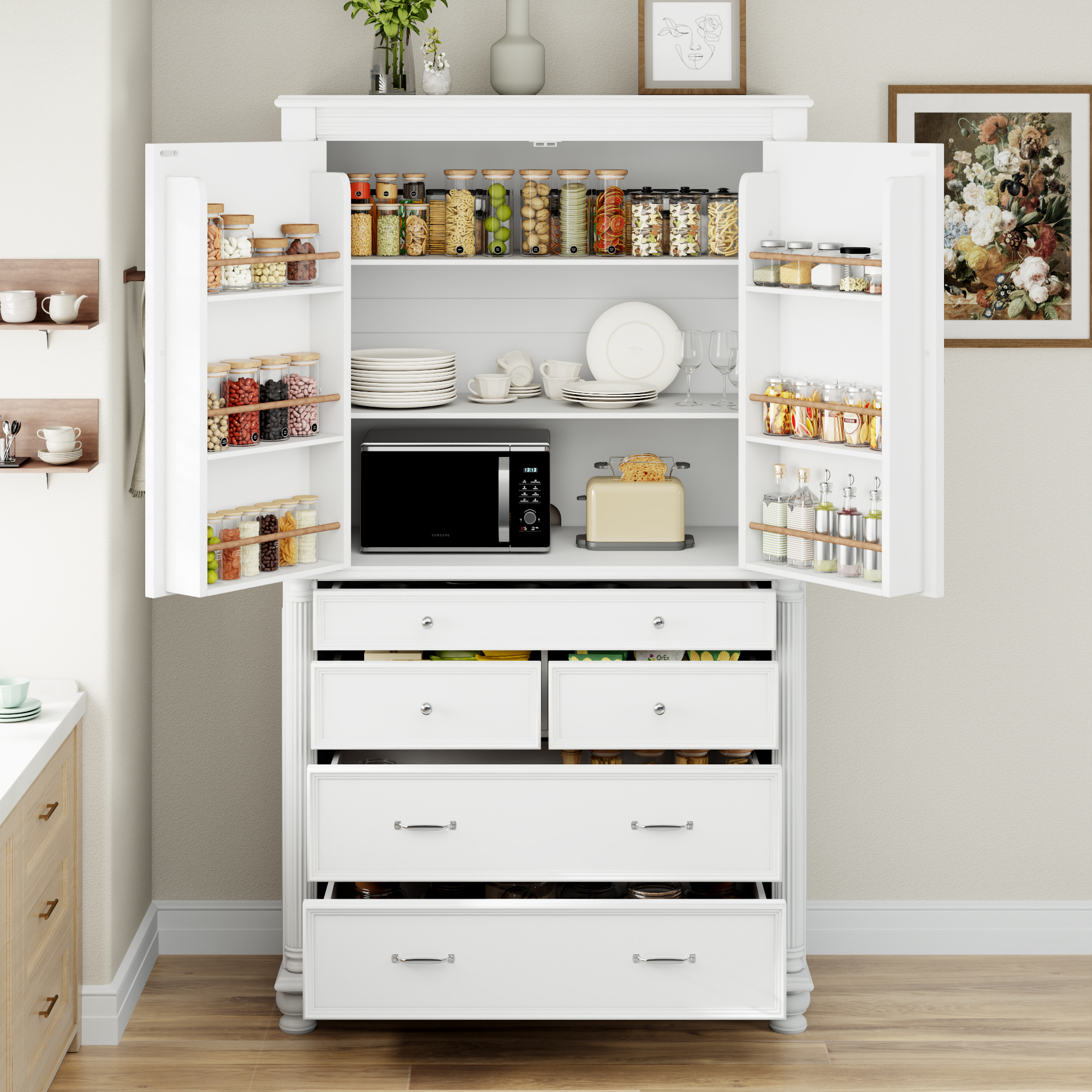 43.3x20x77.3inch Tall Storage Cabinet Cupboard with 6 Door Shelves, 2 Adjustable Shelves and 5 Drawers,White