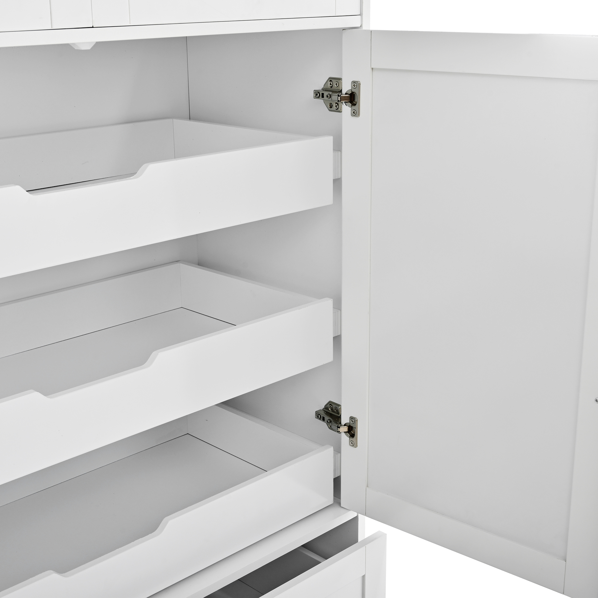 Farmhouse Freestanding 40''x18''x72.6'' Kitchen Pantry, 4 Doors Dining Storage Cabinet with Pull-out Trays, Drawers and Cake Pan Storage Organizer, White