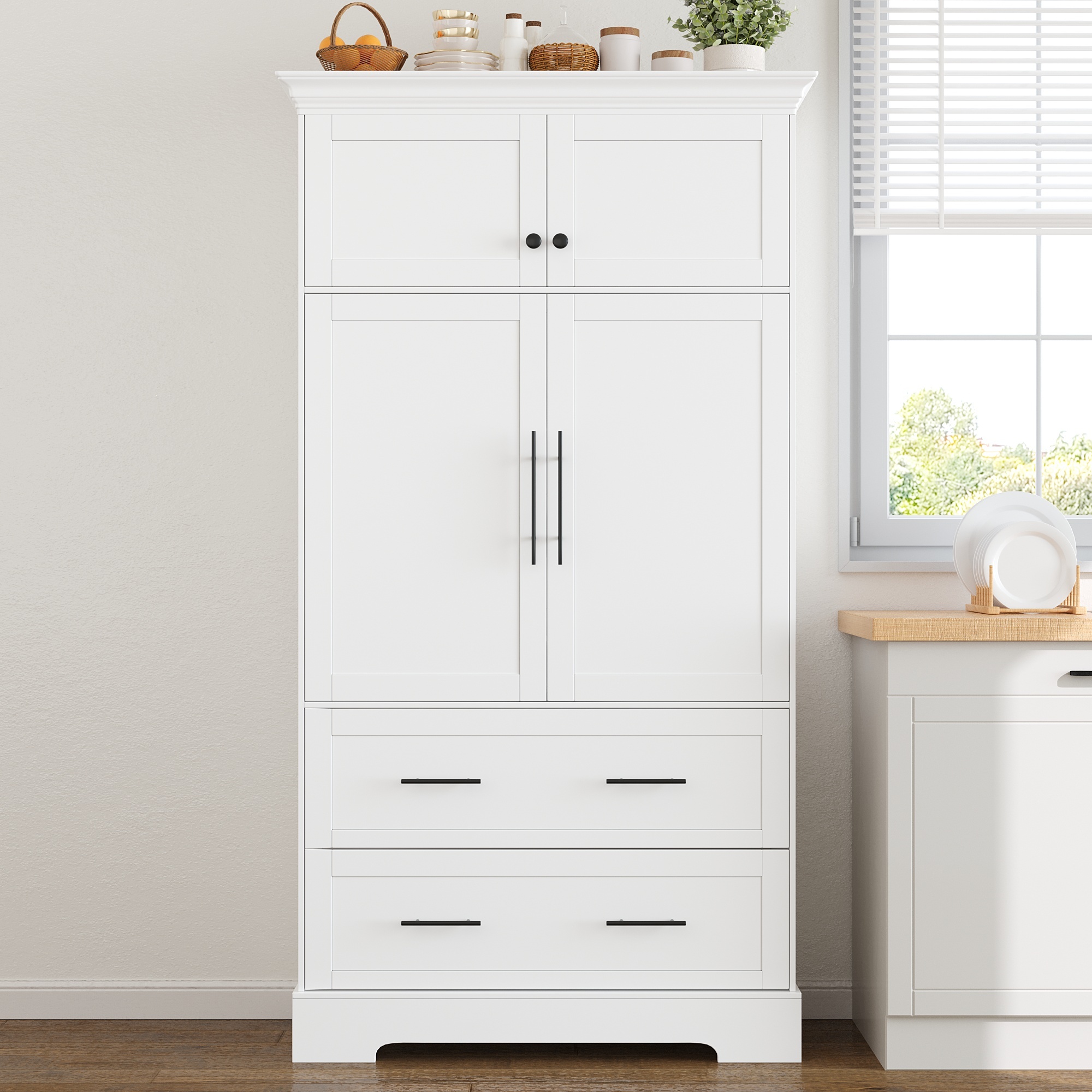 Farmhouse Freestanding 40''x18''x72.6'' Kitchen Pantry, 4 Doors Dining Storage Cabinet with Pull-out Trays, Drawers and Cake Pan Storage Organizer, White