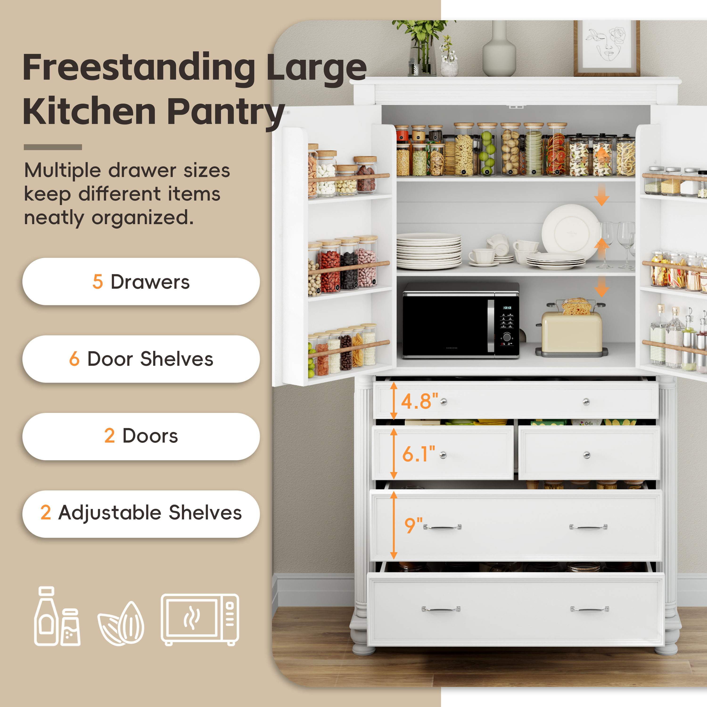 43.3x20x77.3inch Tall Storage Cabinet Cupboard with 6 Door Shelves, 2 Adjustable Shelves and 5 Drawers,White