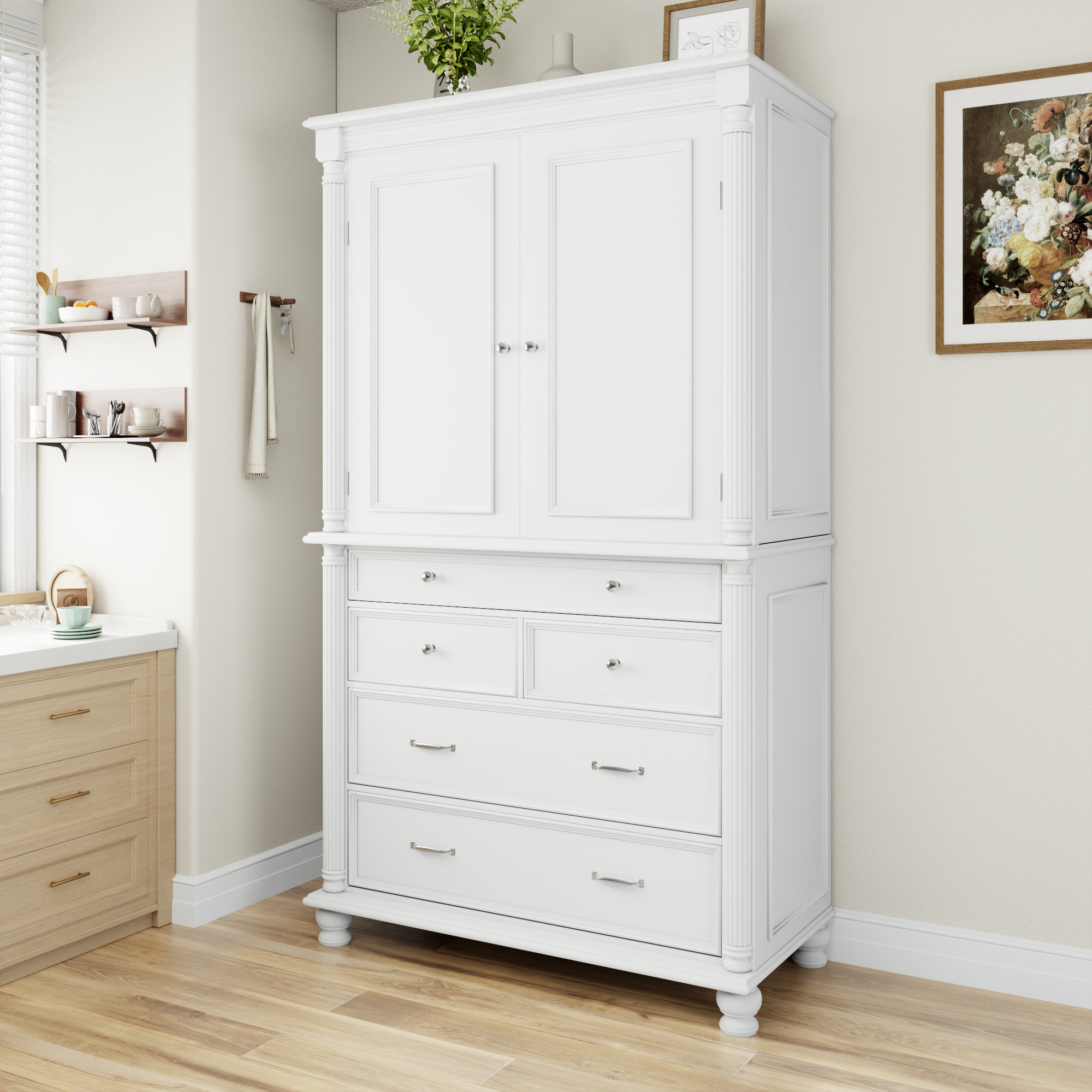 43.3x20x77.3inch Tall Storage Cabinet Cupboard with 6 Door Shelves, 2 Adjustable Shelves and 5 Drawers,White