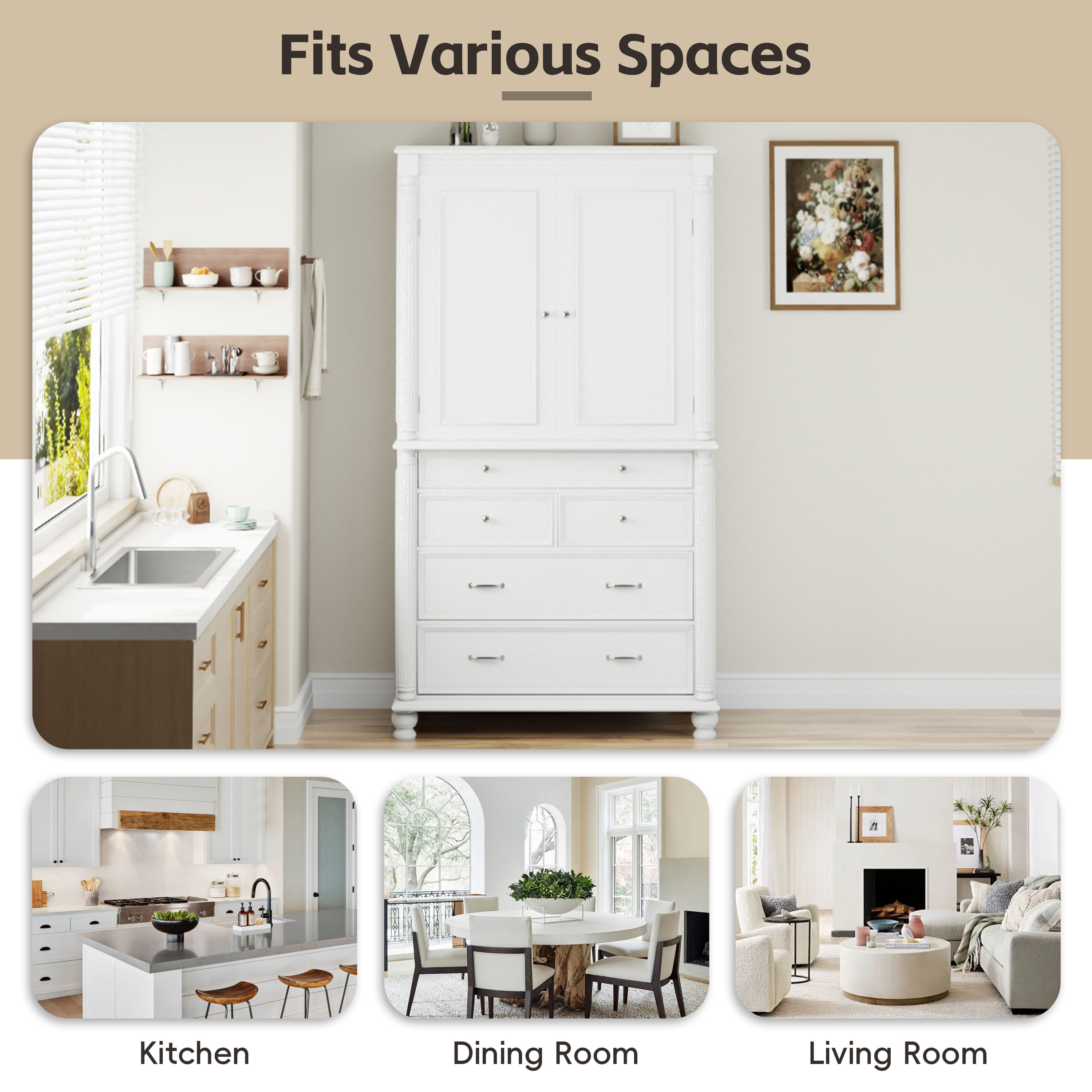 43.3x20x77.3inch Tall Storage Cabinet Cupboard with 6 Door Shelves, 2 Adjustable Shelves and 5 Drawers,White