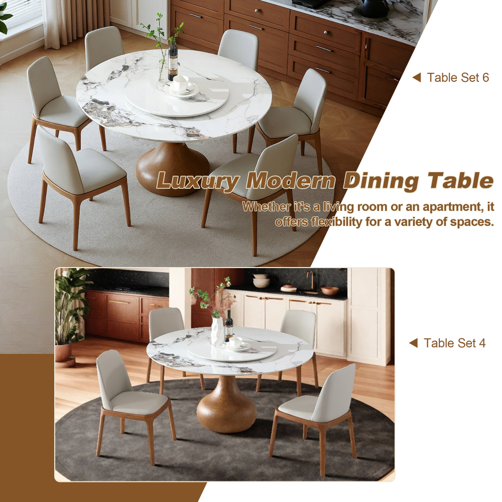 53" Round Sintered Stone Dining Table with Modern Marble Look, Dining Room, Compact Space With Lazy Susan (8 chairs)