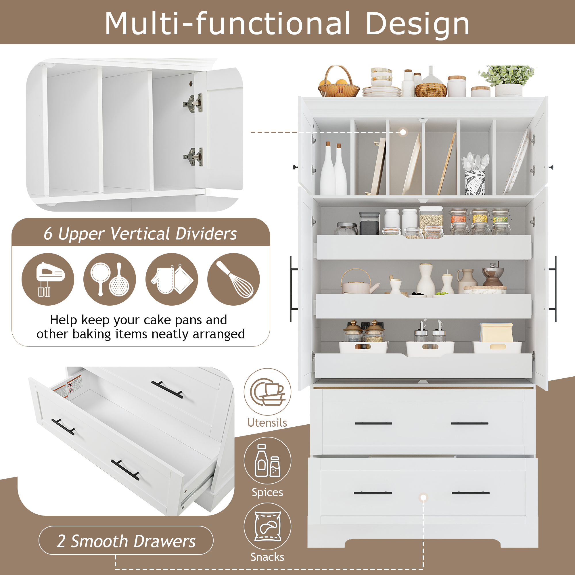 Farmhouse Freestanding 40''x18''x72.6'' Kitchen Pantry, 4 Doors Dining Storage Cabinet with Pull-out Trays, Drawers and Cake Pan Storage Organizer, White