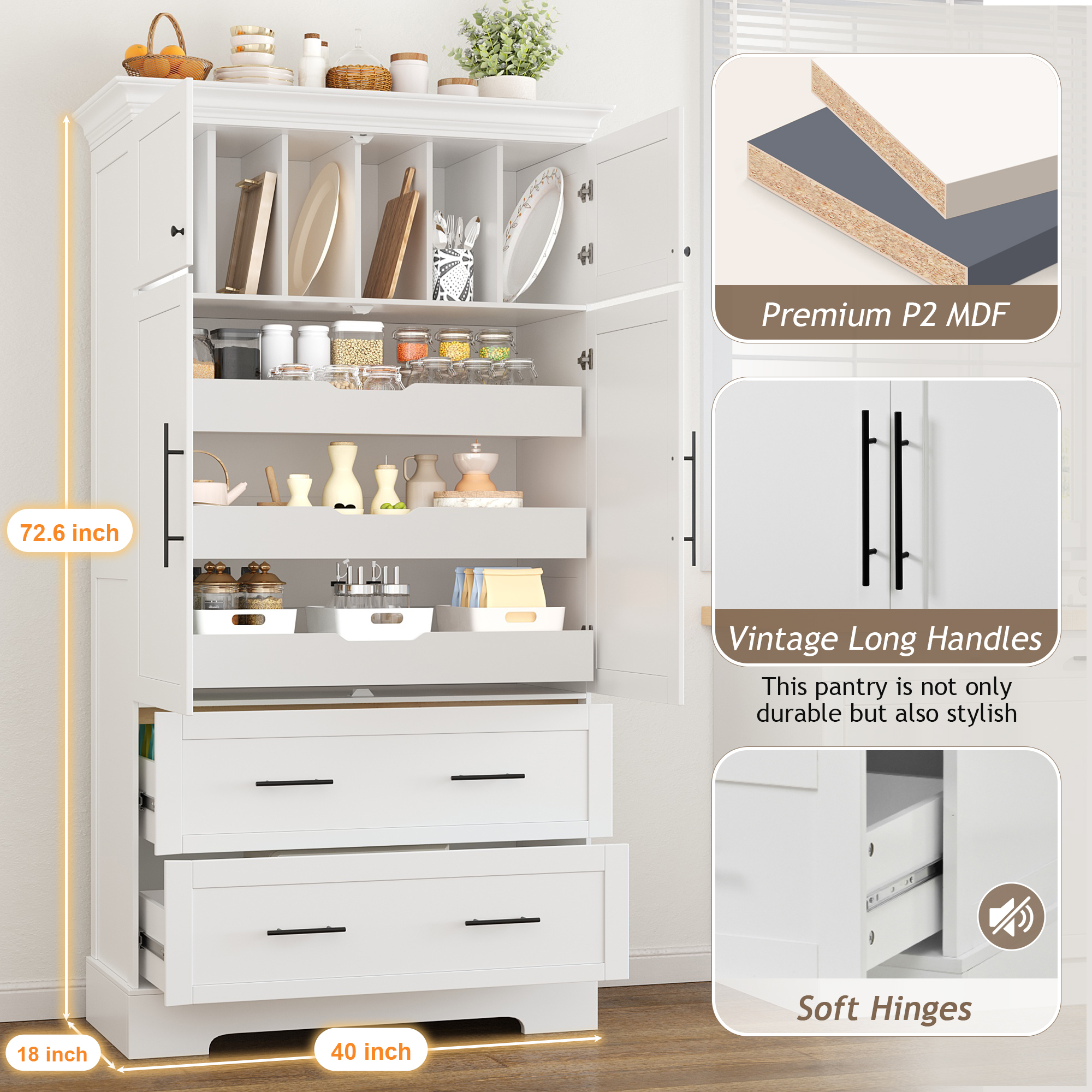 Farmhouse Freestanding 40''x18''x72.6'' Kitchen Pantry, 4 Doors Dining Storage Cabinet with Pull-out Trays, Drawers and Cake Pan Storage Organizer, White