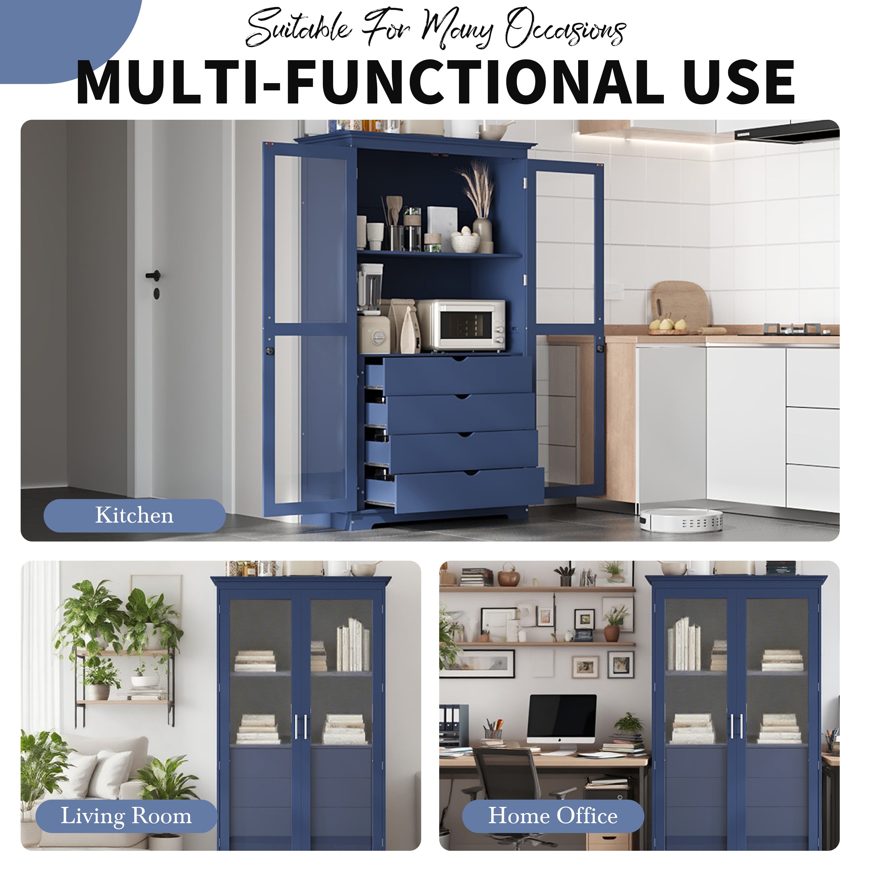 44.7x20x75inch Kitchen Pantry, Freestanding Kitchen Storage Cabinet Display Cabinet with Glass Doors and 4 Built-in Drawers, Blue