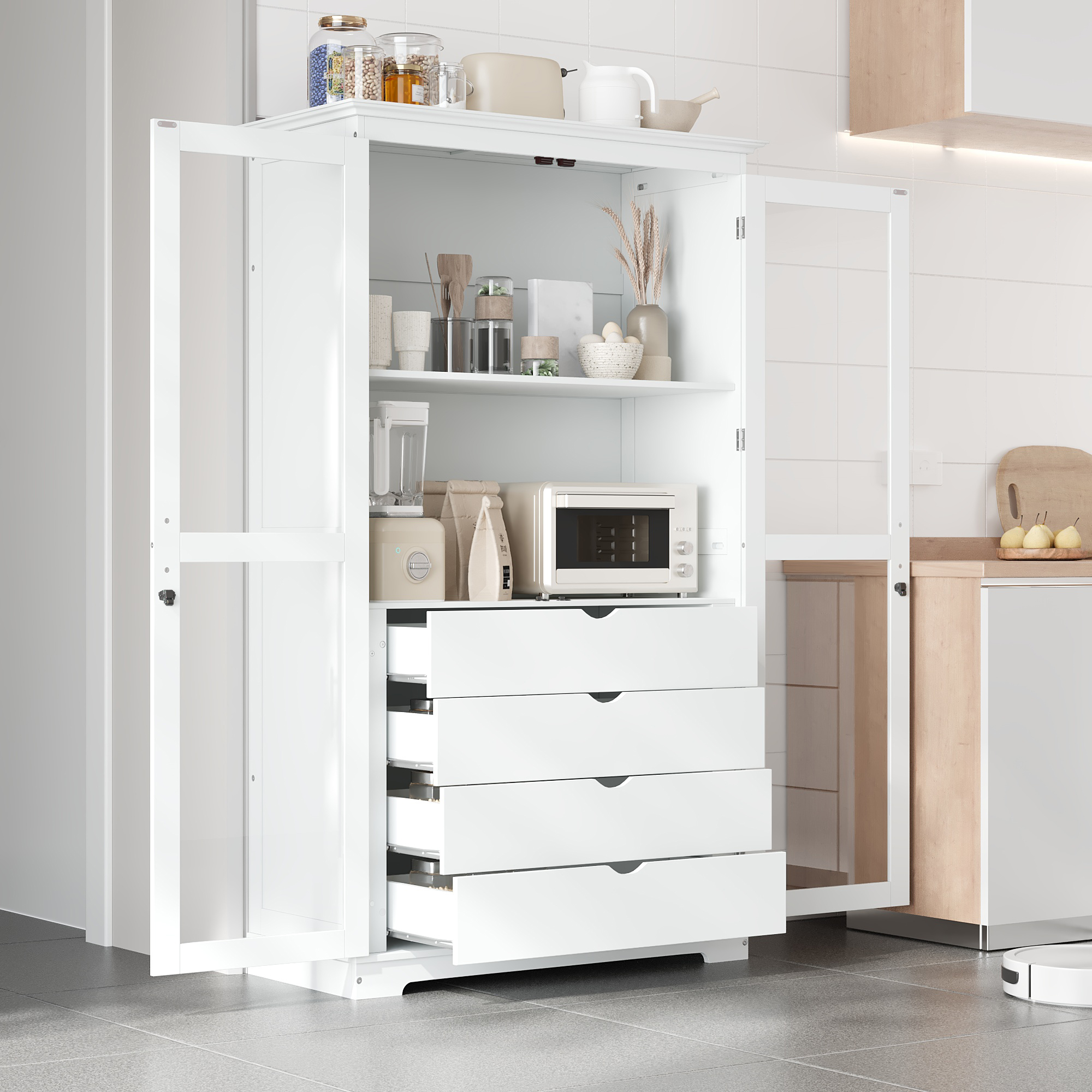 44.7x20x75inch Kitchen Pantry, Freestanding Kitchen Storage Cabinet Display Cabinet with Glass Doors and 4 Built-in Drawers, White