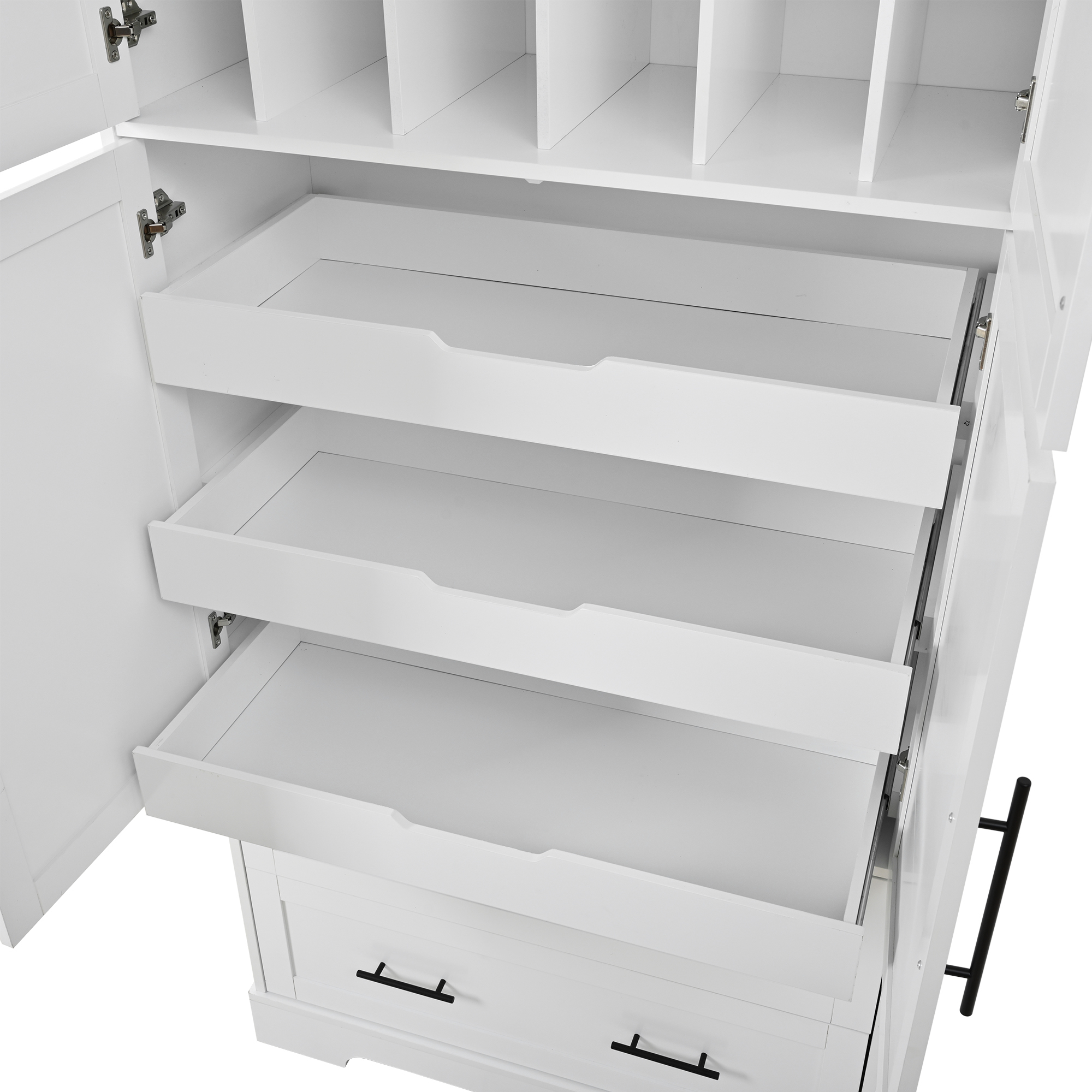 Farmhouse Freestanding 40''x18''x72.6'' Kitchen Pantry, 4 Doors Dining Storage Cabinet with Pull-out Trays, Drawers and Cake Pan Storage Organizer, White