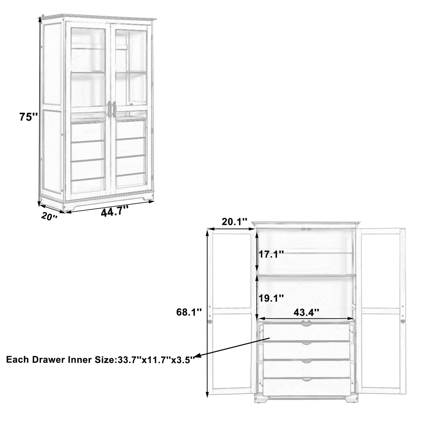 44.7x20x75inch Kitchen Pantry, Freestanding Kitchen Storage Cabinet Display Cabinet with Glass Doors and 4 Built-in Drawers, Blue