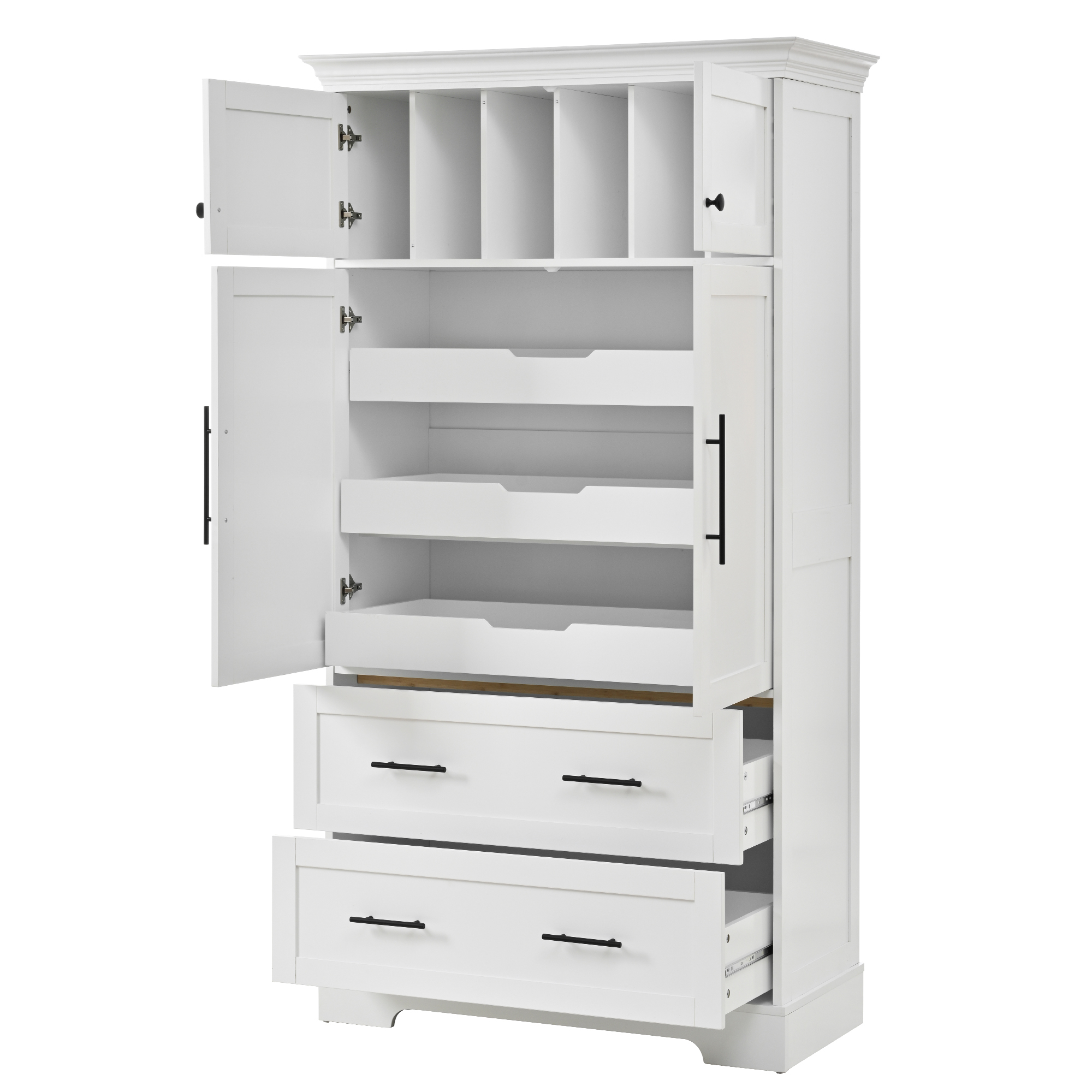 Farmhouse Freestanding 40''x18''x72.6'' Kitchen Pantry, 4 Doors Dining Storage Cabinet with Pull-out Trays, Drawers and Cake Pan Storage Organizer, White