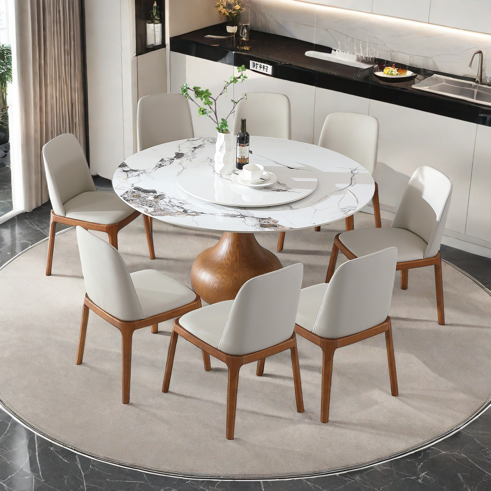53" Round Sintered Stone Dining Table with Modern Marble Look, Dining Room, Compact Space With Lazy Susan (8 chairs)