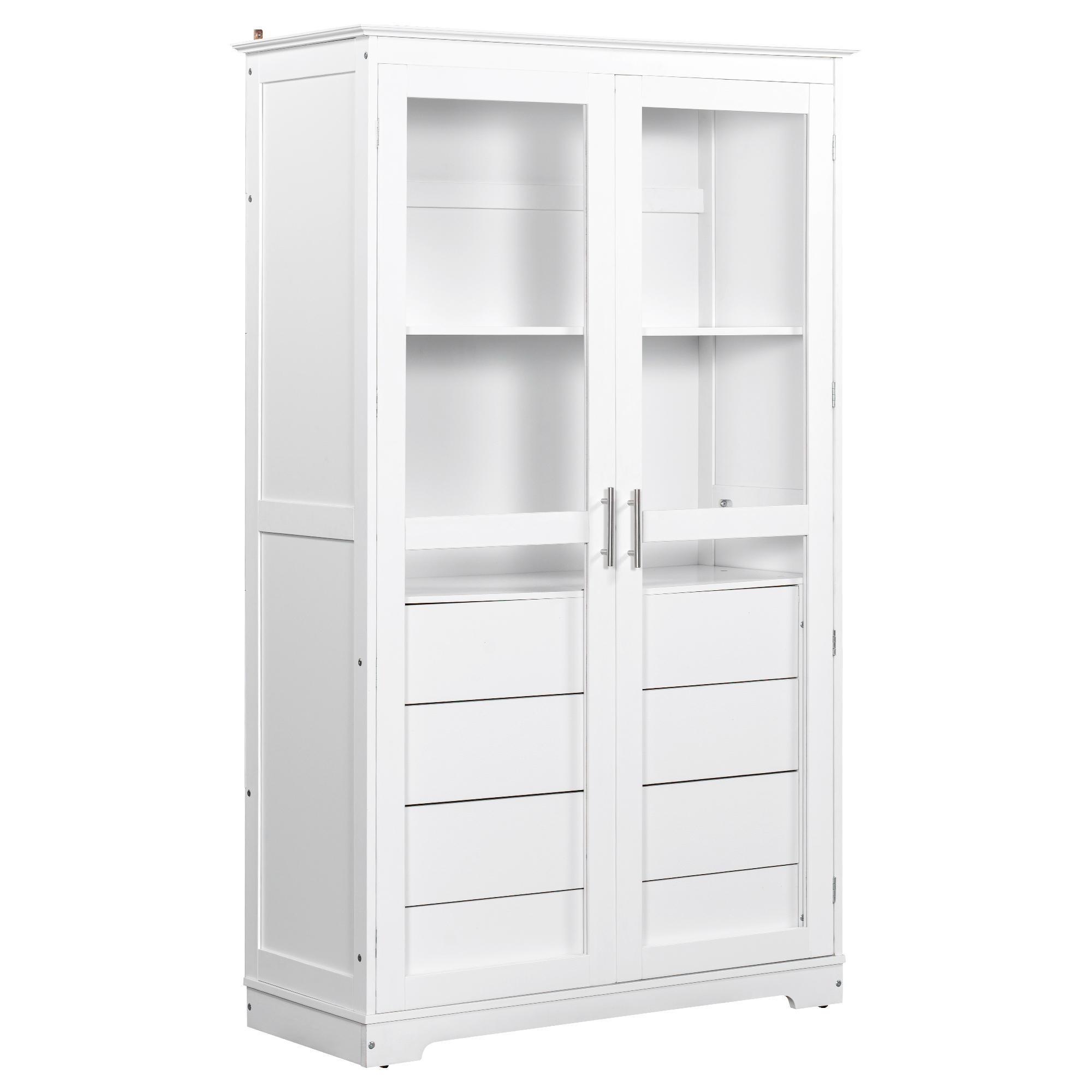 44.7x20x75inch Kitchen Pantry, Freestanding Kitchen Storage Cabinet Display Cabinet with Glass Doors and 4 Built-in Drawers, White