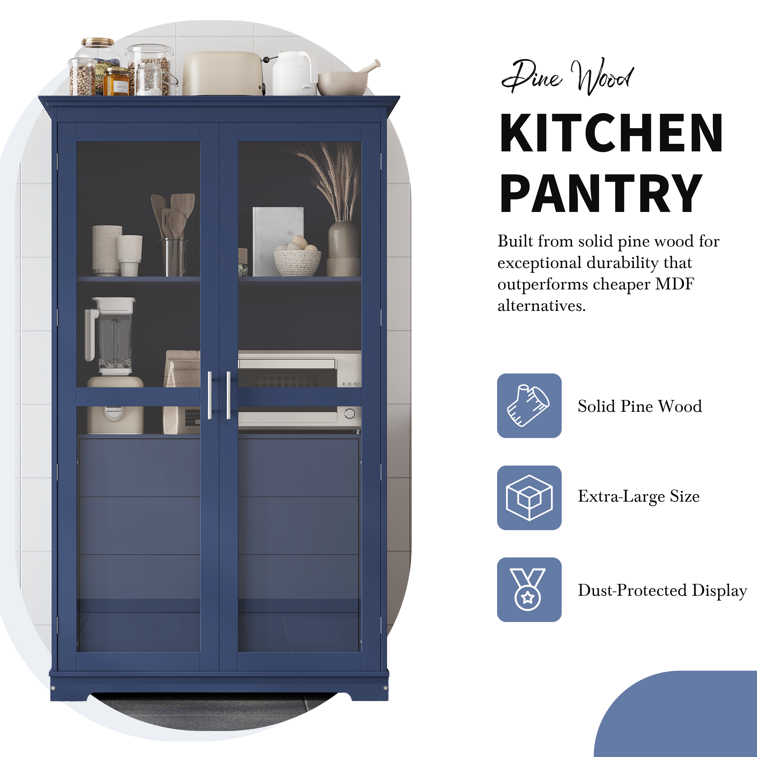 44.7x20x75inch Kitchen Pantry, Freestanding Kitchen Storage Cabinet Display Cabinet with Glass Doors and 4 Built-in Drawers, Blue