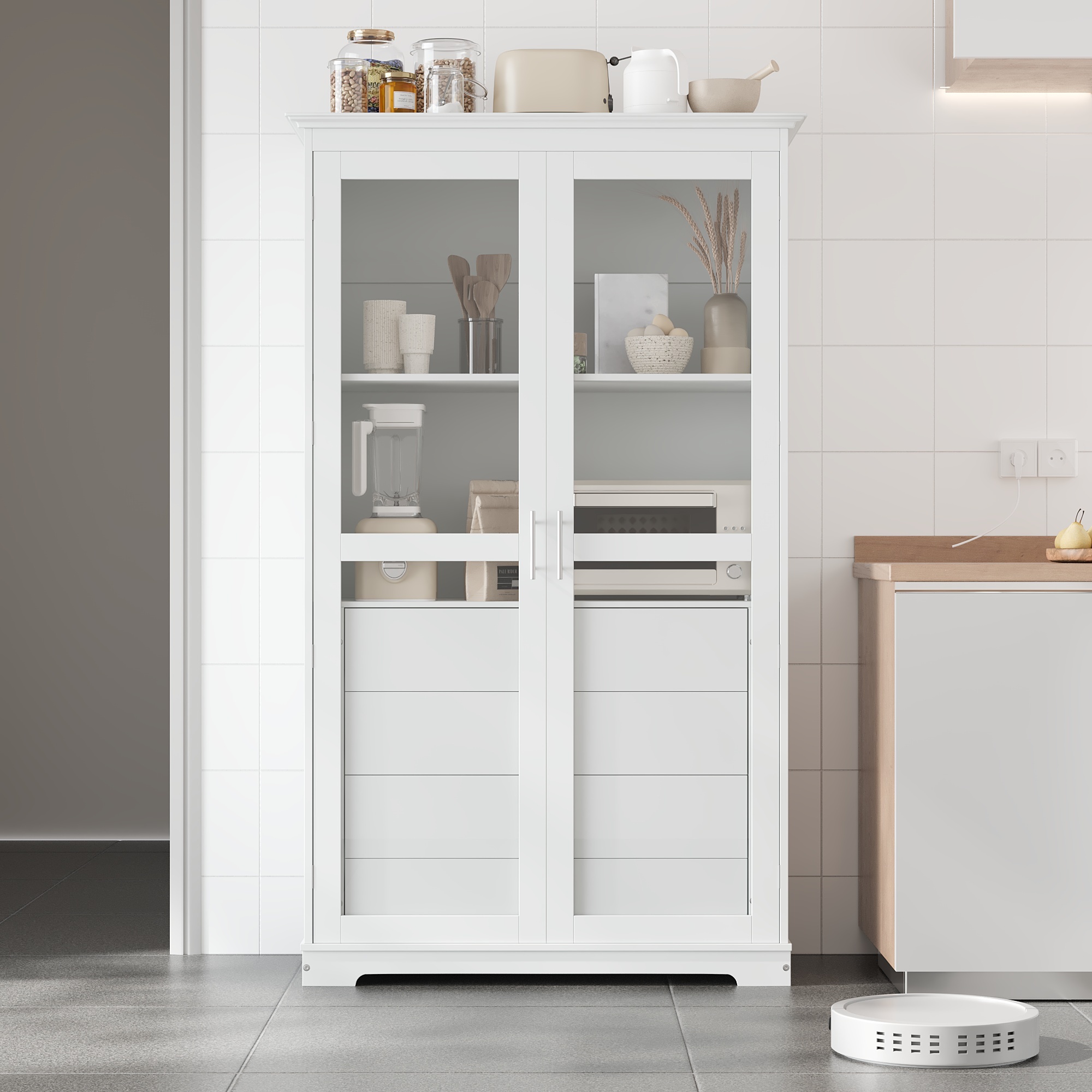 44.7x20x75inch Kitchen Pantry, Freestanding Kitchen Storage Cabinet Display Cabinet with Glass Doors and 4 Built-in Drawers, White