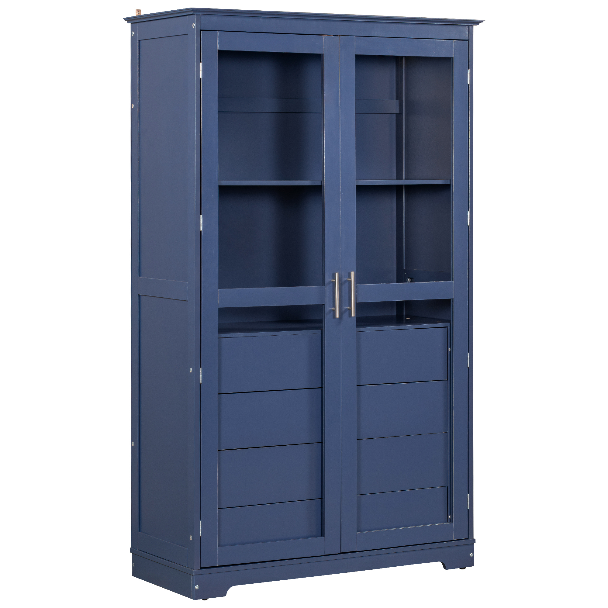 44.7x20x75inch Kitchen Pantry, Freestanding Kitchen Storage Cabinet Display Cabinet with Glass Doors and 4 Built-in Drawers, Blue