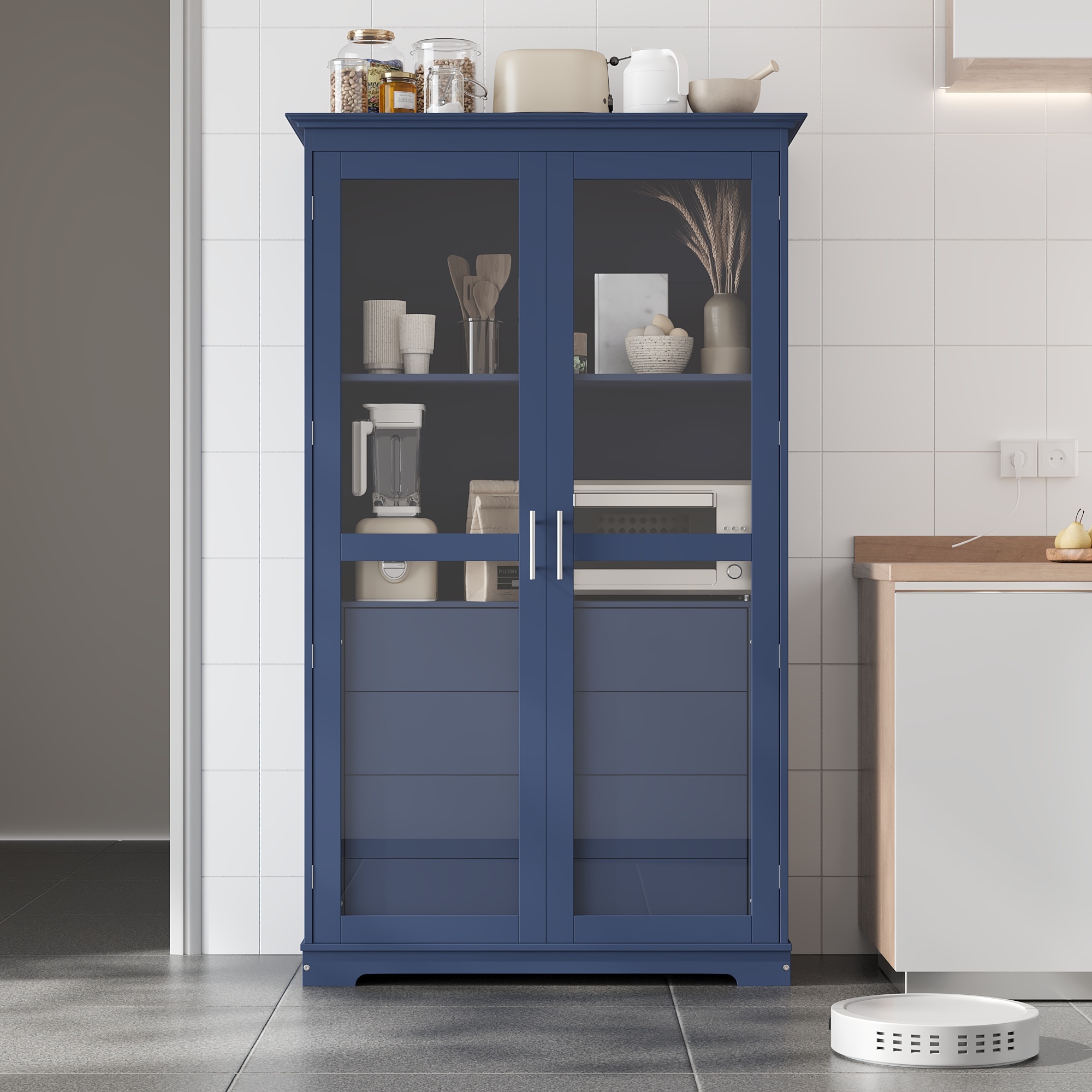 44.7x20x75inch Kitchen Pantry, Freestanding Kitchen Storage Cabinet Display Cabinet with Glass Doors and 4 Built-in Drawers, Blue