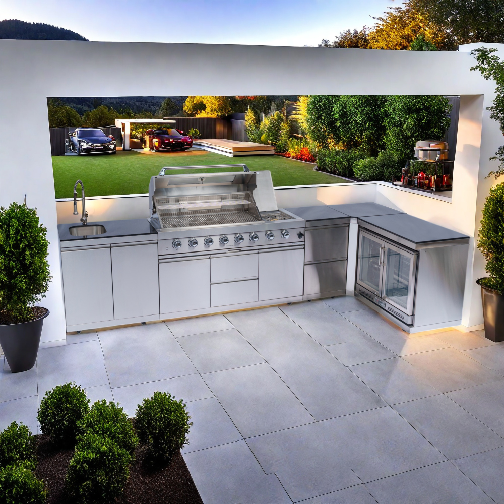 62-Inch 6-Burner 96000 BTU Deluxe Stainless Steel Gas Outdoor Kitchen Bar Barbecue Island Grill + Wine Cooler Compact Refrigerator + Rotisserie + Granite Countertops + Storage Cabinets & Drawers, White