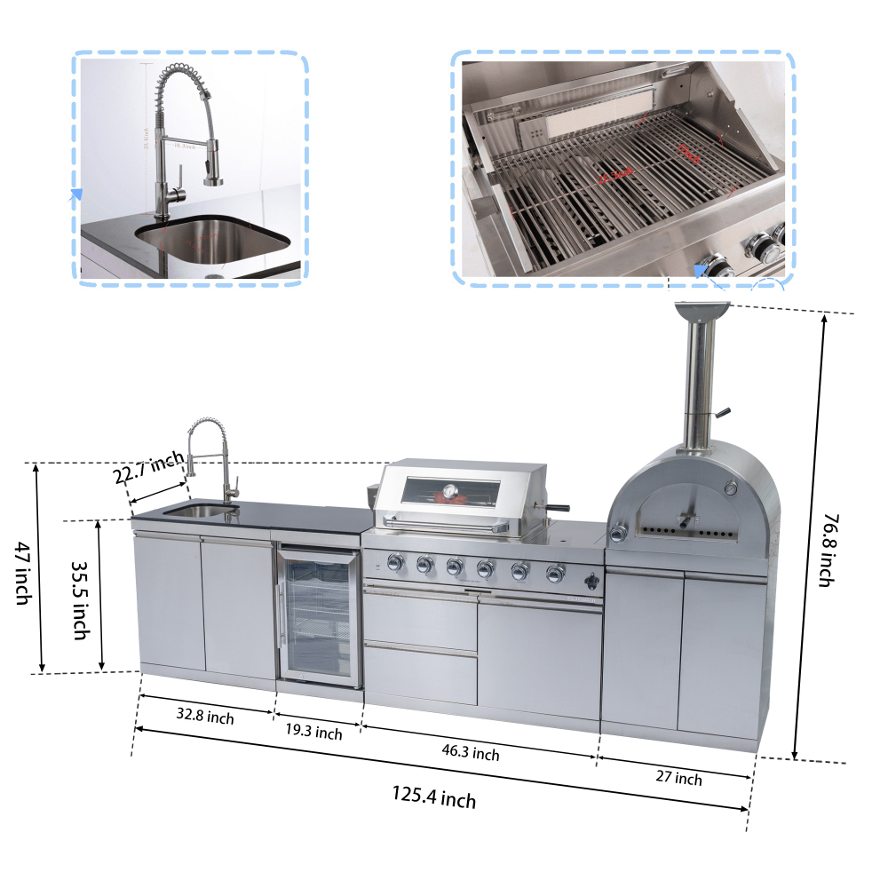 "46-Inch 4-Burner 72000 BTU Deluxe Stainless Steel Gas Outdoor Kitchen Bar Barbecue Island Grill + 35000 BTU Pizza Oven + Wine Cooler Compact Refrigerator + Rotisserie kit + Granite Countertops + Sink "