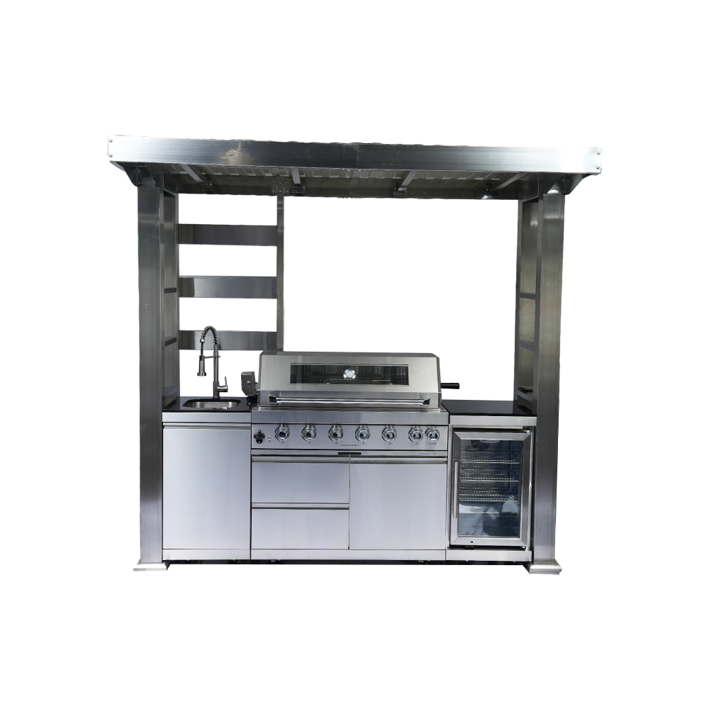 "43-Inch 4-Burner 85000 BTU Deluxe Stainless Steel Gas Outdoor Kitchen Bar Barbecue Island Grill + Stainless Steel Roof  Sunshade + Wine Cooler Compact Refrigerator  + Sink "