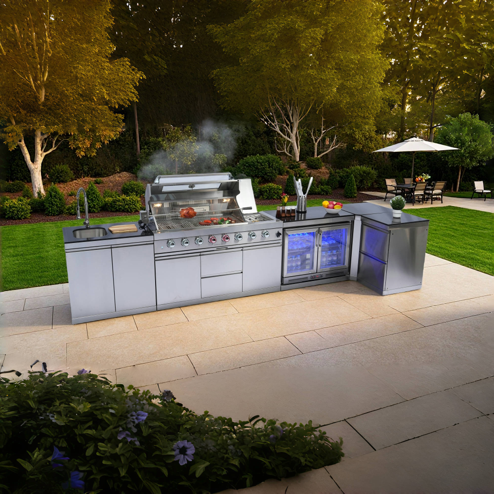 62-Inch 6-Burner 96000 BTU Deluxe Stainless Steel Gas Outdoor Kitchen Bar Barbecue Island Grill + Wine Cooler Compact Refrigerator + Rotisserie + Granite Countertops + Storage Cabinets & Drawers, White