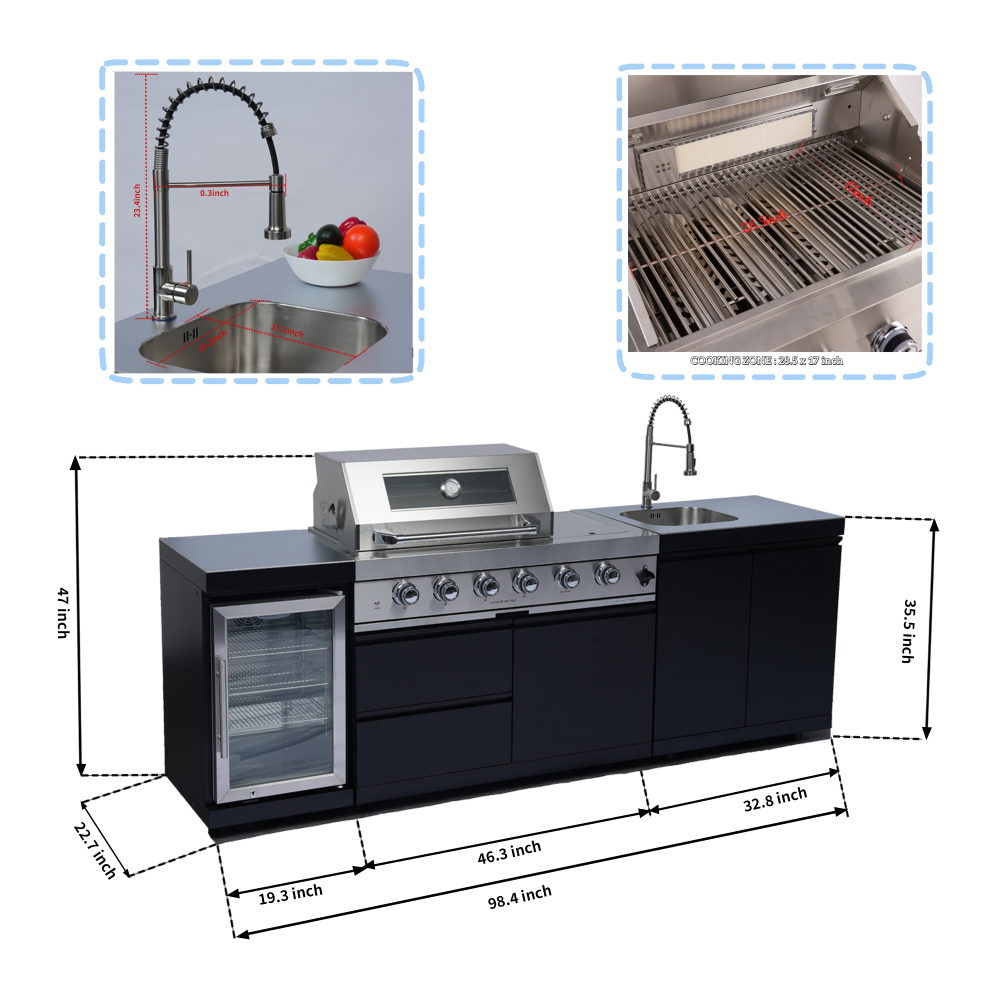 43-Inch 4-Burner 72000 BTU Deluxe Stainless Steel Gas Outdoor Kitchen Bar Barbecue Island Grill + Wine Cooler Compact Refrigerator + Sink