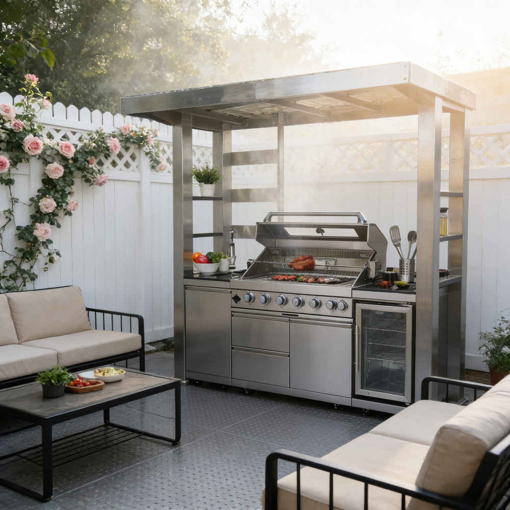 "43-Inch 4-Burner 85000 BTU Deluxe Stainless Steel Gas Outdoor Kitchen Bar Barbecue Island Grill + Stainless Steel Roof  Sunshade + Wine Cooler Compact Refrigerator  + Sink "