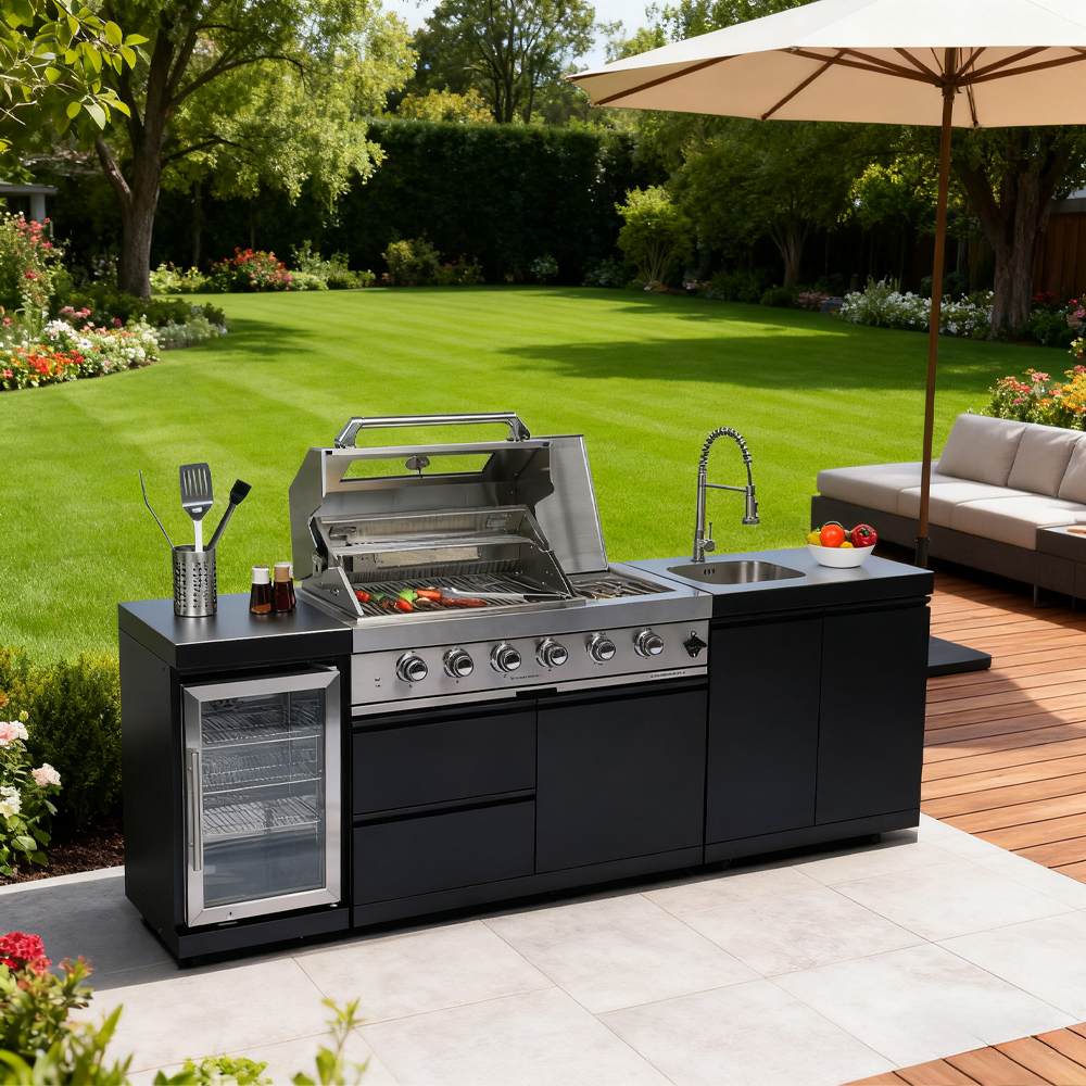 43-Inch 4-Burner 72000 BTU Deluxe Stainless Steel Gas Outdoor Kitchen Bar Barbecue Island Grill + Wine Cooler Compact Refrigerator + Sink