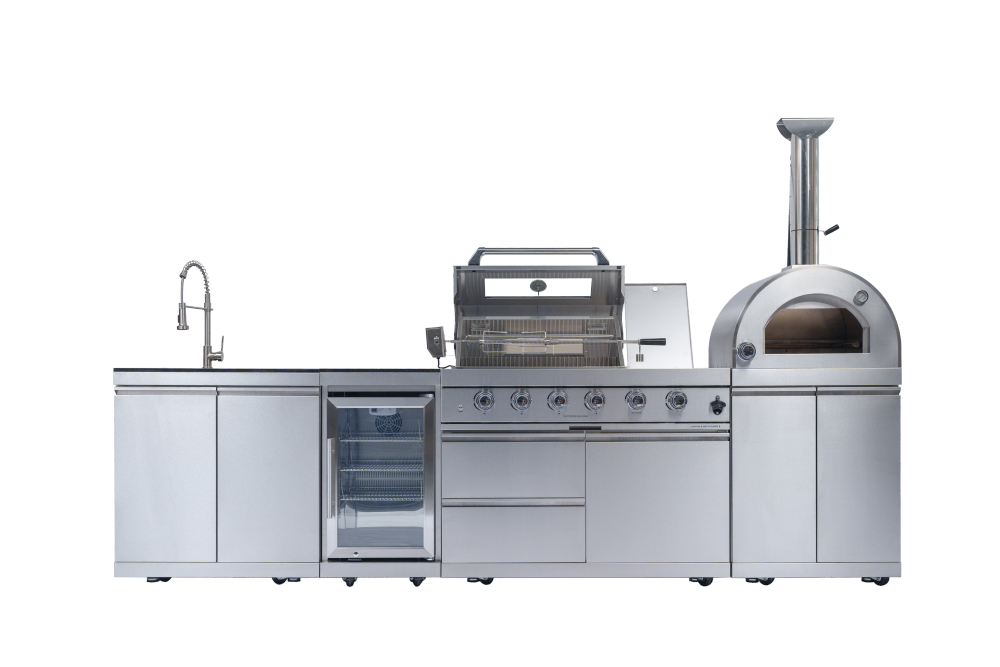 "46-Inch 4-Burner 72000 BTU Deluxe Stainless Steel Gas Outdoor Kitchen Bar Barbecue Island Grill + 35000 BTU Pizza Oven + Wine Cooler Compact Refrigerator + Rotisserie kit + Granite Countertops + Sink "