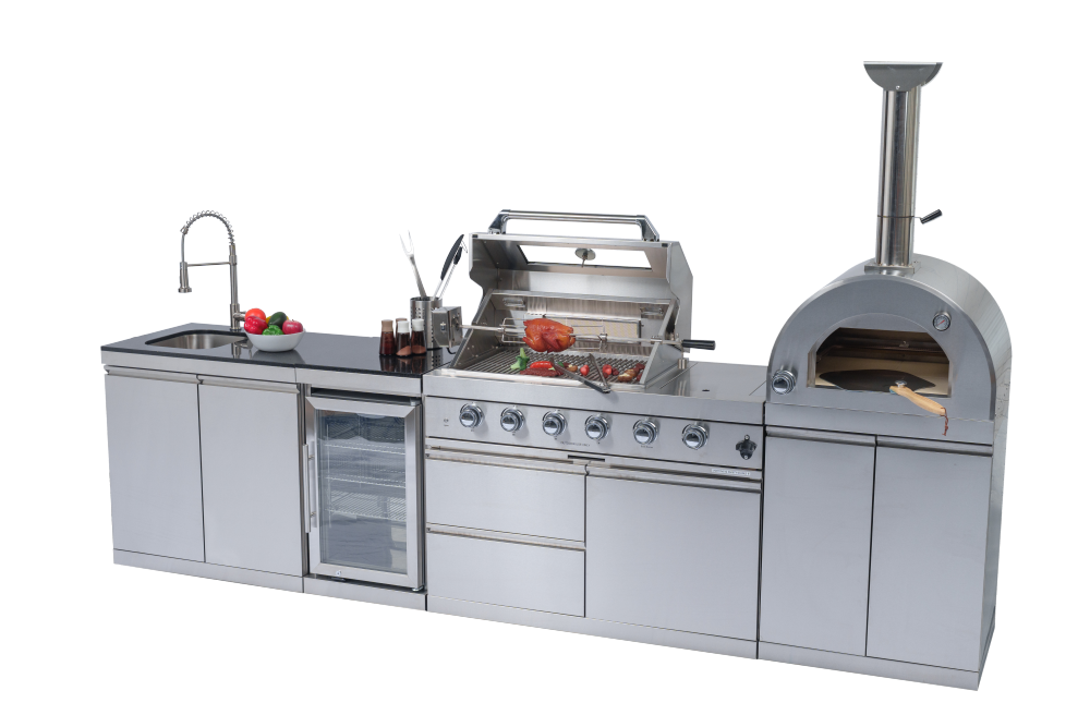 "46-Inch 4-Burner 72000 BTU Deluxe Stainless Steel Gas Outdoor Kitchen Bar Barbecue Island Grill + 35000 BTU Pizza Oven + Wine Cooler Compact Refrigerator + Rotisserie kit + Granite Countertops + Sink "