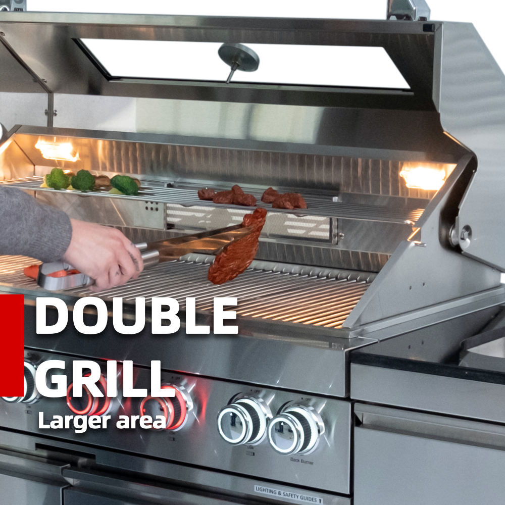62-Inch 6-Burner 96000 BTU Deluxe Stainless Steel Gas Outdoor Kitchen Bar Barbecue Island Grill + Wine Cooler Compact Refrigerator + Rotisserie + Granite Countertops + Storage Cabinets & Drawers, White