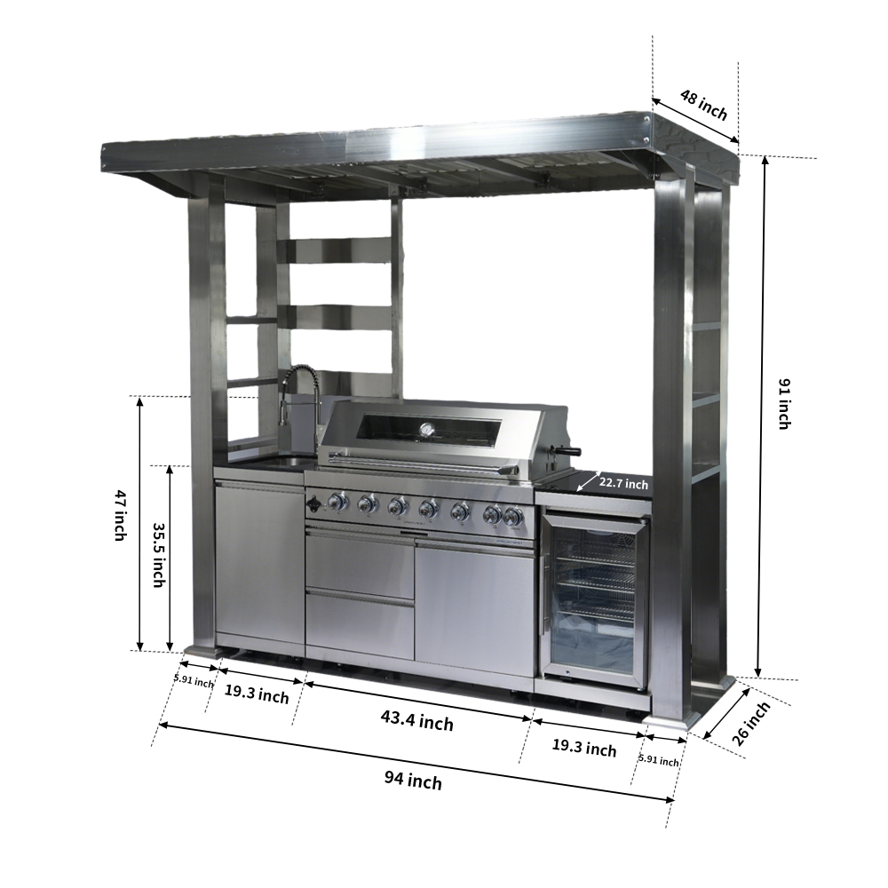 "43-Inch 4-Burner 85000 BTU Deluxe Stainless Steel Gas Outdoor Kitchen Bar Barbecue Island Grill + Stainless Steel Roof  Sunshade + Wine Cooler Compact Refrigerator  + Sink "