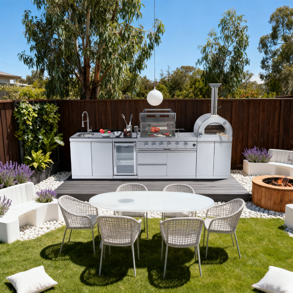 "46-Inch 4-Burner 72000 BTU Deluxe Stainless Steel Gas Outdoor Kitchen Bar Barbecue Island Grill + 35000 BTU Pizza Oven + Wine Cooler Compact Refrigerator + Rotisserie kit + Granite Countertops + Sink "