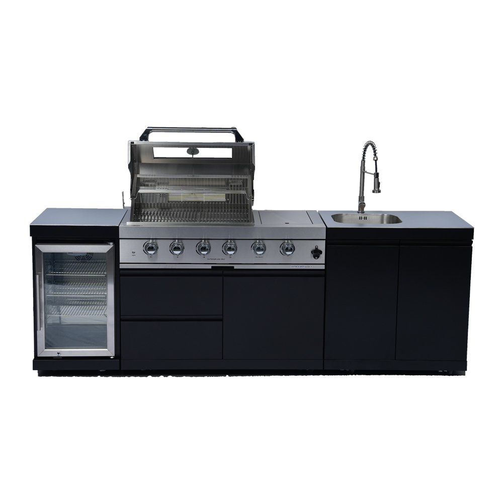 43-Inch 4-Burner 72000 BTU Deluxe Stainless Steel Gas Outdoor Kitchen Bar Barbecue Island Grill + Wine Cooler Compact Refrigerator + Sink