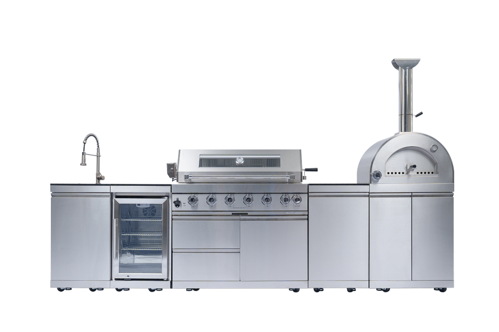 43-Inch 6-Burner 85000 BTU Deluxe Stainless Steel Gas Outdoor Kitchen Bar Barbecue Island Grill + 35000 Pizza oven + Wine Cooler Compact Refrigerator + Rotisserie kit + Granite Countertops + Stainless steel Sink