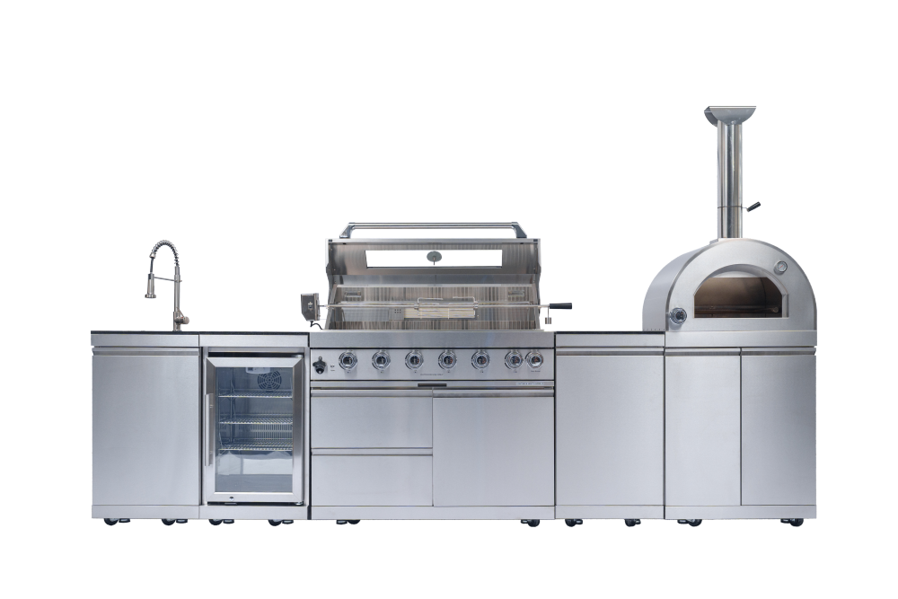43-Inch 6-Burner 85000 BTU Deluxe Stainless Steel Gas Outdoor Kitchen Bar Barbecue Island Grill + 35000 Pizza oven + Wine Cooler Compact Refrigerator + Rotisserie kit + Granite Countertops + Stainless steel Sink