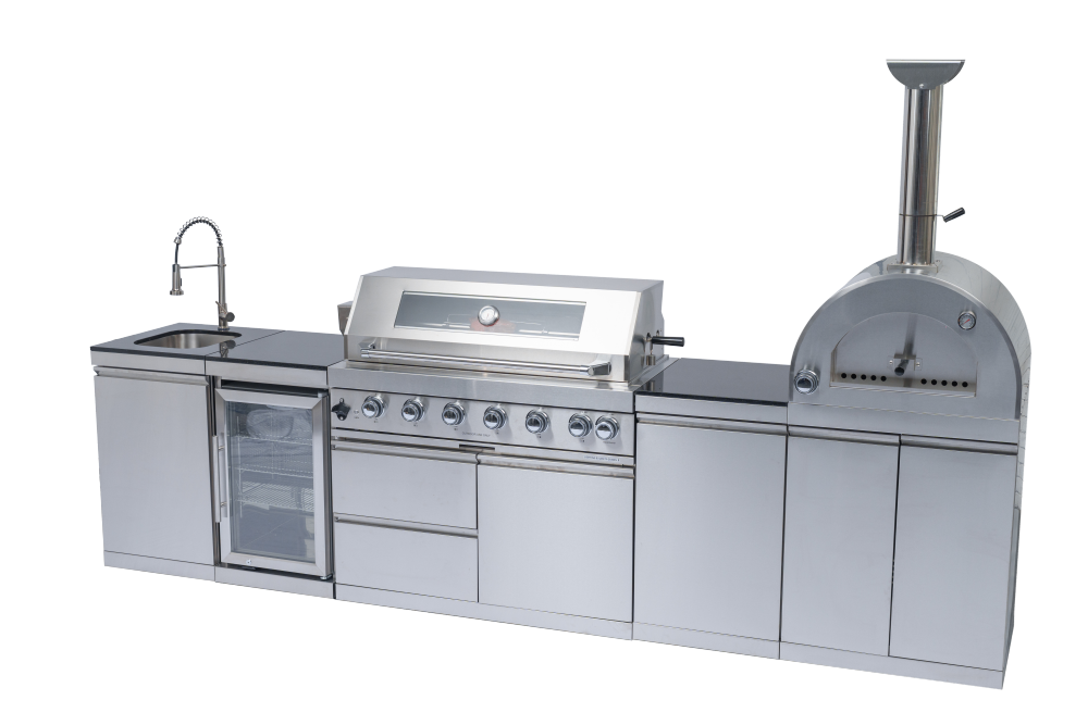 43-Inch 6-Burner 85000 BTU Deluxe Stainless Steel Gas Outdoor Kitchen Bar Barbecue Island Grill + 35000 Pizza oven + Wine Cooler Compact Refrigerator + Rotisserie kit + Granite Countertops + Stainless steel Sink