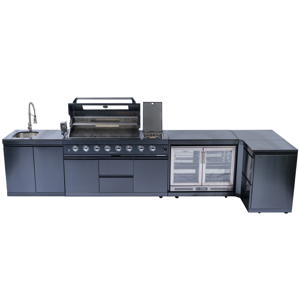 62-Inch 6-Burner 96000 BTU Deluxe Stainless Steel Gas Outdoor Kitchen Bar Barbecue Island Grill + Wine Cooler Compact Refrigerator + Rotisserie + Granite Countertops + Storage Cabinets & Drawers, Black
