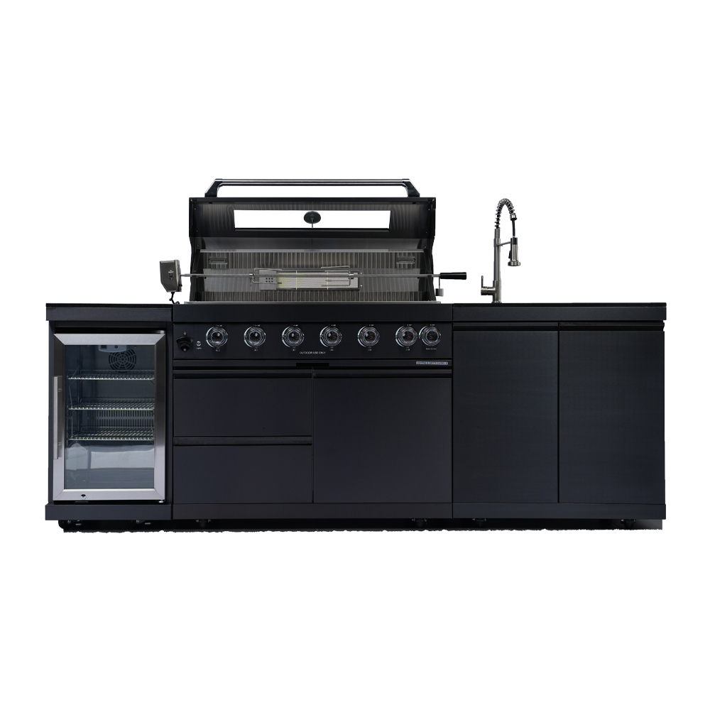 43-Inch 6-Burner 85000 BTU Deluxe Stainless Steel Gas Outdoor Kitchen Bar Barbecue Island Grill + Wine Cooler Compact Refrigerator + Rotisserie kit + Granite Countertops + Stainless steel Sink