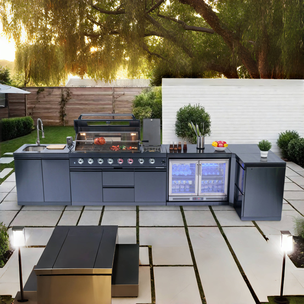 62-Inch 6-Burner 96000 BTU Deluxe Stainless Steel Gas Outdoor Kitchen Bar Barbecue Island Grill + Wine Cooler Compact Refrigerator + Rotisserie + Granite Countertops + Storage Cabinets & Drawers, Black