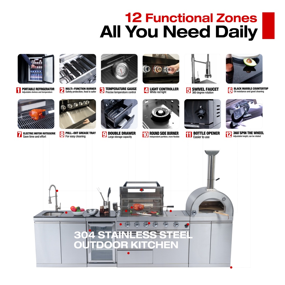 "46-Inch 4-Burner 72000 BTU Deluxe Stainless Steel Gas Outdoor Kitchen Bar Barbecue Island Grill + 35000 BTU Pizza Oven + Wine Cooler Compact Refrigerator + Rotisserie kit + Granite Countertops + Sink "